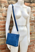 Small BLUE suede leather bag. Crossbody or shoulder bag in GENUINE leather. Adjustable strap. + zipper. Blue suede purse