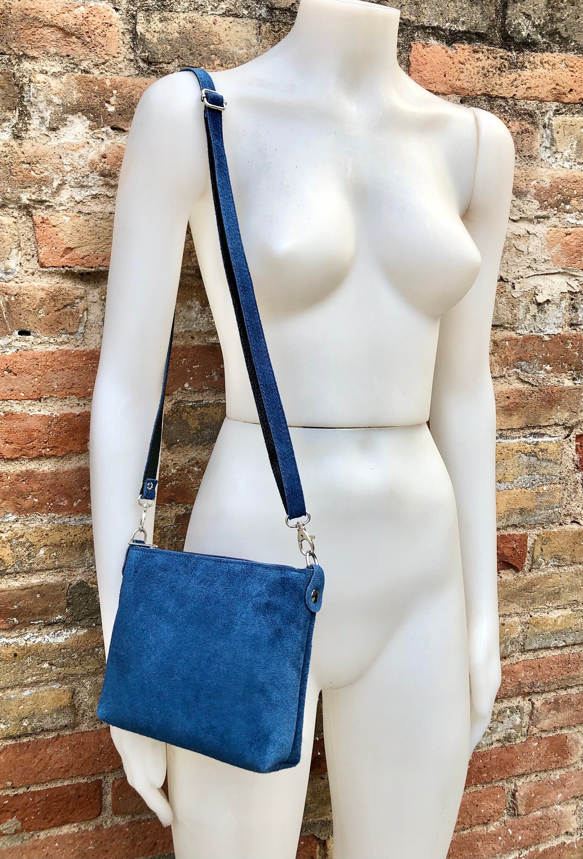 Small BLUE suede leather bag. Crossbody or shoulder bag in GENUINE leather. Adjustable strap. + zipper. Blue suede purse
