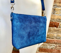 Small BLUE suede leather bag. Crossbody or shoulder bag in GENUINE leather. Adjustable strap. + zipper. Blue suede purse