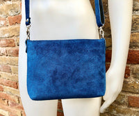 Small BLUE suede leather bag. Crossbody or shoulder bag in GENUINE leather. Adjustable strap. + zipper. Blue suede purse