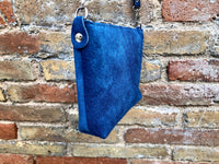 Small BLUE suede leather bag. Crossbody or shoulder bag in GENUINE leather. Adjustable strap. + zipper. Blue suede purse