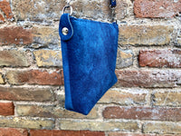 Small BLUE suede leather bag. Crossbody or shoulder bag in GENUINE leather. Adjustable strap. + zipper. Blue suede purse