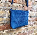 Small BLUE suede leather bag. Crossbody or shoulder bag in GENUINE leather. Adjustable strap. + zipper. Blue suede purse