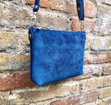 Small BLUE suede leather bag. Crossbody or shoulder bag in GENUINE leather. Adjustable strap. + zipper. Blue suede purse