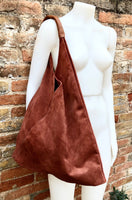 Slouch leather bag in terracotta suede .Genuine leather large shoulder bag. Dark orange - brown origami bag. Terracotta suede purse