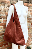 Slouch leather bag in terracotta suede .Genuine leather large shoulder bag. Dark orange - brown origami bag. Terracotta suede purse