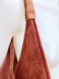 Slouch leather bag in terracotta suede .Genuine leather large shoulder bag. Dark orange - brown origami bag. Terracotta suede purse