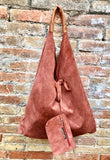 Slouch leather bag in terracotta suede .Genuine leather large shoulder bag. Dark orange - brown origami bag. Terracotta suede purse