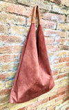 Slouch leather bag in terracotta suede .Genuine leather large shoulder bag. Dark orange - brown origami bag. Terracotta suede purse