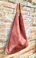 Slouch leather bag in terracotta suede .Genuine leather large shoulder bag. Dark orange - brown origami bag. Terracotta suede purse