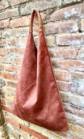 Slouch leather bag in terracotta suede .Genuine leather large shoulder bag. Dark orange - brown origami bag. Terracotta suede purse