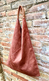 Slouch leather bag in terracotta suede .Genuine leather large shoulder bag. Dark orange - brown origami bag. Terracotta suede purse