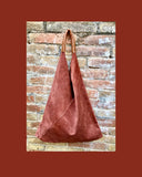 Slouch leather bag in terracotta suede .Genuine leather large shoulder bag. Dark orange - brown origami bag. Terracotta suede purse