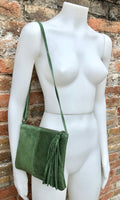 Suede leather bag in MOSS GREEN.Cross body bag, boho shoulder bag in GENUINE leather. Small leather bag,green shoulder bag, small green bag