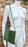 Suede leather bag in MOSS GREEN.Cross body bag, boho shoulder bag in GENUINE leather. Small leather bag,green shoulder bag, small green bag