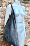 Slouch leather bag in dark gray suede. Genuine leather shoulder bag. Origami bag + camel brown leather accent. Large shopper. Gray purse