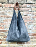 Slouch leather bag in dark gray suede. Genuine leather shoulder bag. Origami bag + camel brown leather accent. Large shopper. Gray purse