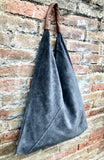 Slouch leather bag in dark gray suede. Genuine leather shoulder bag. Origami bag + camel brown leather accent. Large shopper. Gray purse