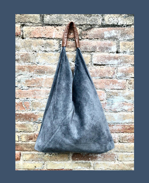 Slouch leather bag in dark gray suede. Genuine leather shoulder bag. Origami bag + camel brown leather accent. Large shopper. Gray purse