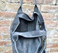 Dark gray leather shopper bag in genuine suede. Slouchy grey carry all tote bag for laptops, tablets, books. Gray leather purse with zipper