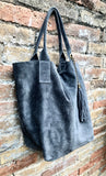 Dark gray leather shopper bag in genuine suede. Slouchy grey carry all tote bag for laptops, tablets, books. Gray leather purse with zipper