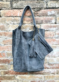 Dark gray leather shopper bag in genuine suede. Slouchy grey carry all tote bag for laptops, tablets, books. Gray leather purse with zipper