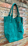 Green leather shopper bag in genuine suede. Slouchy teal green carry all tote bag for laptops, tablets, books. Green leather purse