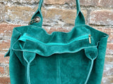 Green leather shopper bag in genuine suede. Slouchy teal green carry all tote bag for laptops, tablets, books. Green leather purse