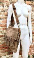 Cross body bag. BOHO suede leather bag in dark beige with FRINGES. Larger model. Genuine leather light brown - taupe crossbody hippy bag .