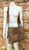 Cross body bag. BOHO suede leather bag in dark beige with FRINGES. Larger model. Genuine leather light brown - taupe crossbody hippy bag .