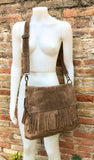 Cross body bag. BOHO suede leather bag in dark beige with FRINGES. Larger model. Genuine leather light brown - taupe crossbody hippy bag .