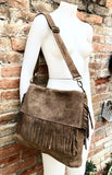 Cross body bag. BOHO suede leather bag in dark beige with FRINGES. Larger model. Genuine leather light brown - taupe crossbody hippy bag .