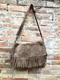 Cross body bag. BOHO suede leather bag in dark beige with FRINGES. Larger model. Genuine leather light brown - taupe crossbody hippy bag .