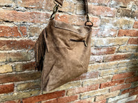 Cross body bag. BOHO suede leather bag in dark beige with FRINGES. Larger model. Genuine leather light brown - taupe crossbody hippy bag .