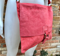 Crossbody suede bag. GENUINE leather bag in coral RED. BOHO suede bag . Red suede purse. Messenger bag in suede for books, tablets...