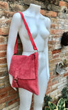 Crossbody suede bag. GENUINE leather bag in coral RED. BOHO suede bag . Red suede purse. Messenger bag in suede for books, tablets...