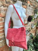Crossbody suede bag. GENUINE leather bag in coral RED. BOHO suede bag . Red suede purse. Messenger bag in suede for books, tablets...