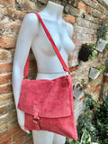 Crossbody suede bag. GENUINE leather bag in coral RED. BOHO suede bag . Red suede purse. Messenger bag in suede for books, tablets...