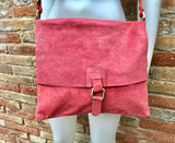 Crossbody suede bag. GENUINE leather bag in coral RED. BOHO suede bag . Red suede purse. Messenger bag in suede for books, tablets...