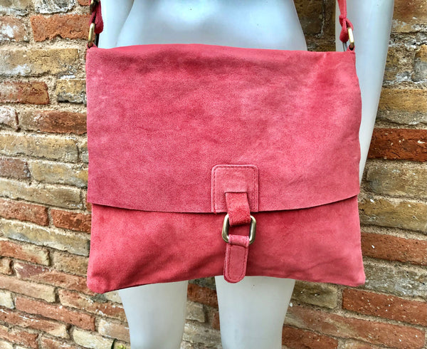 Crossbody suede bag. GENUINE leather bag in coral RED. BOHO suede bag . Red suede purse. Messenger bag in suede for books, tablets...