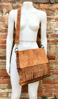 Cross body bag. BOHO suede leather bag in camel brown with FRINGES. Larger model. Genuine leather light saddle brown crossbody hippy bag .