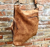 Cross body bag. BOHO suede leather bag in camel brown with FRINGES. Larger model. Genuine leather light saddle brown crossbody hippy bag .