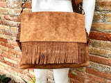 Cross body bag. BOHO suede leather bag in camel brown with FRINGES. Larger model. Genuine leather light saddle brown crossbody hippy bag .