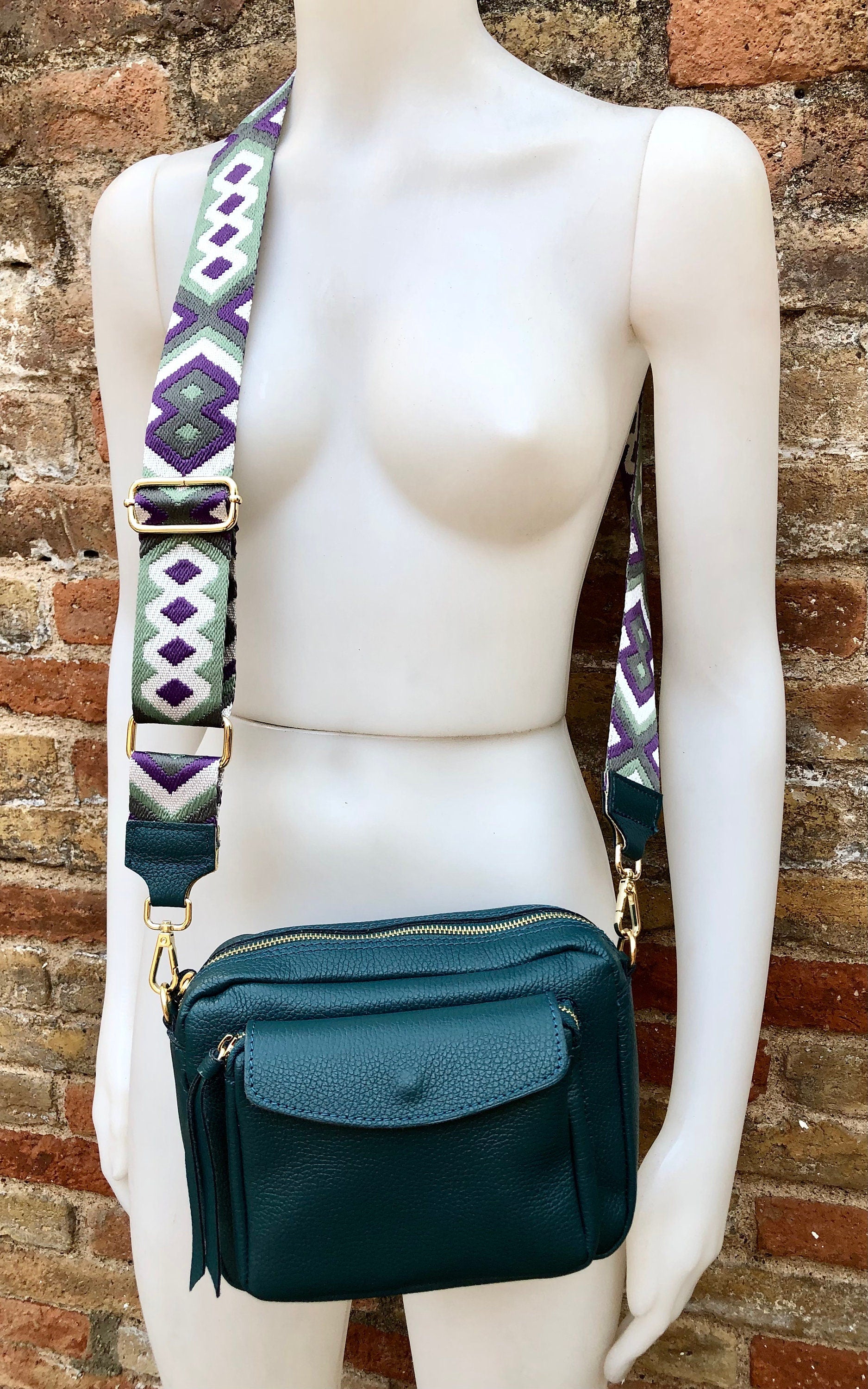 Genuine leather teal GREEN bag with 2 straps: 1 embroidered + 1 leather. GENUINE leather crossbody bag. Green leather purse