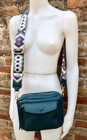 Genuine leather teal GREEN bag with embroidered strap. GENUINE leather cross body bag. GREEN purse with zippers. Green leather messenger