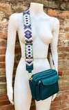 Genuine leather teal GREEN bag with embroidered strap. GENUINE leather cross body bag. GREEN purse with zippers. Green leather messenger