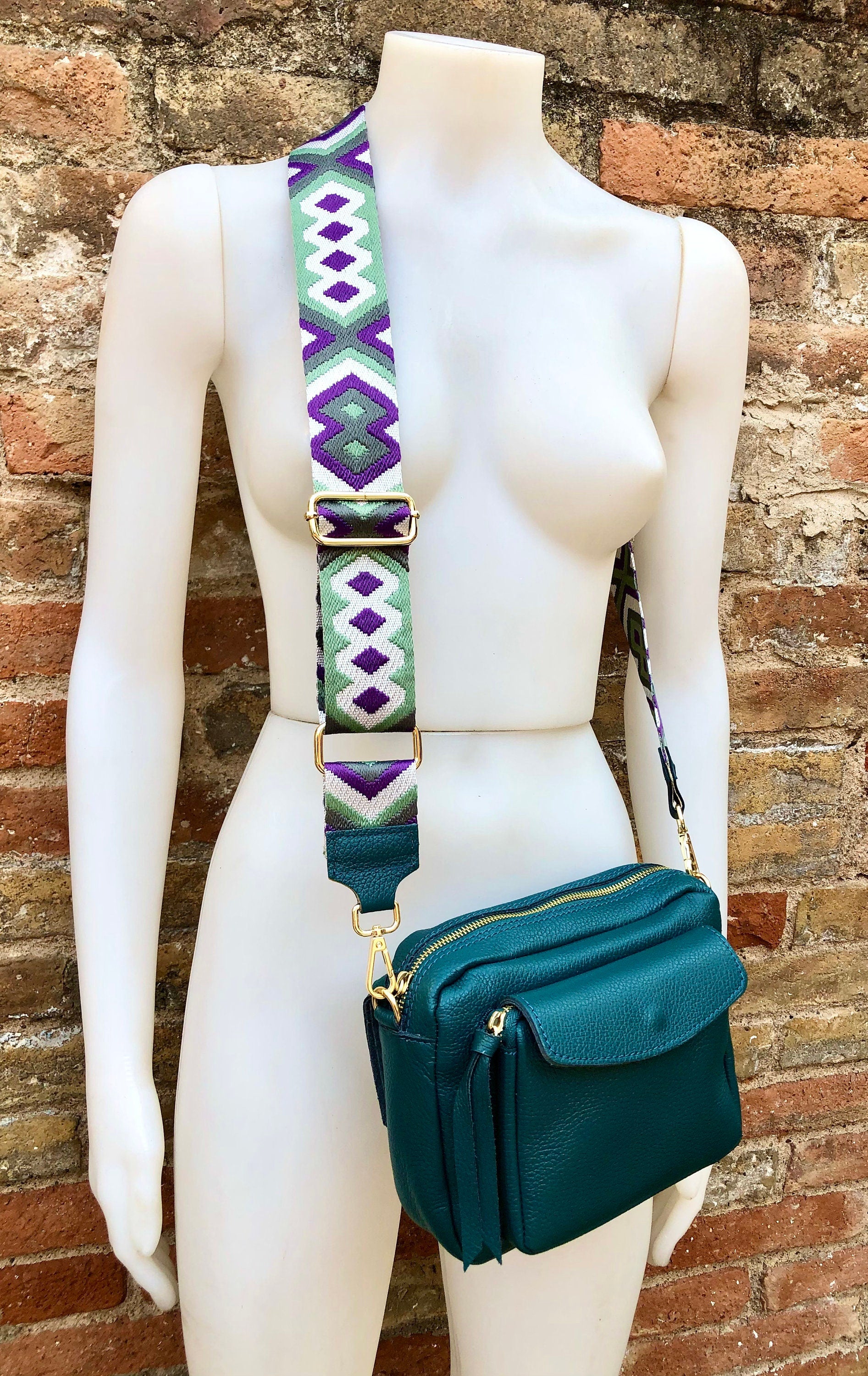 Genuine leather teal GREEN bag with 2 straps: 1 embroidered + 1 leather. GENUINE leather crossbody bag. Green leather purse