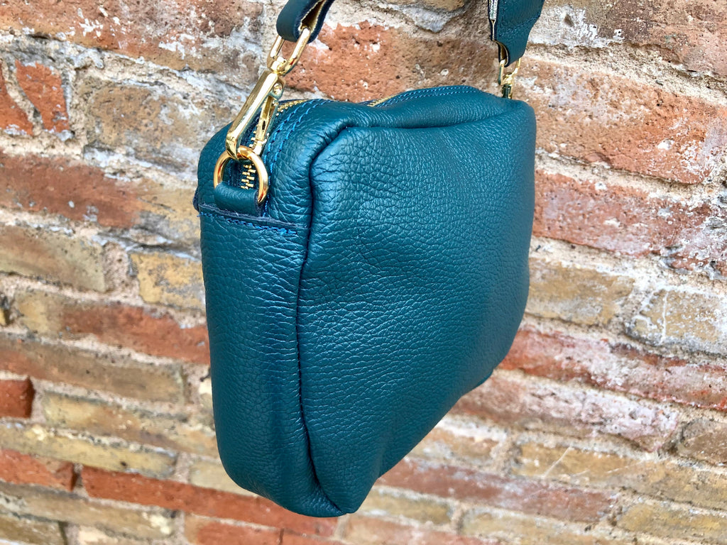 Genuine leather teal GREEN bag with 2 straps: 1 embroidered + 1 leather. GENUINE leather crossbody bag. Green leather purse