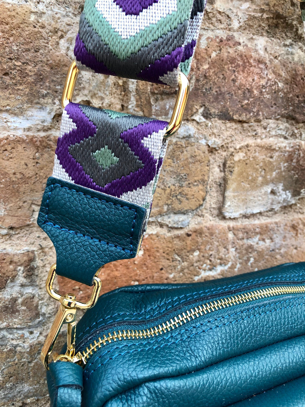 Genuine leather teal GREEN bag with 2 straps: 1 embroidered + 1 leather. GENUINE leather crossbody bag. Green leather purse