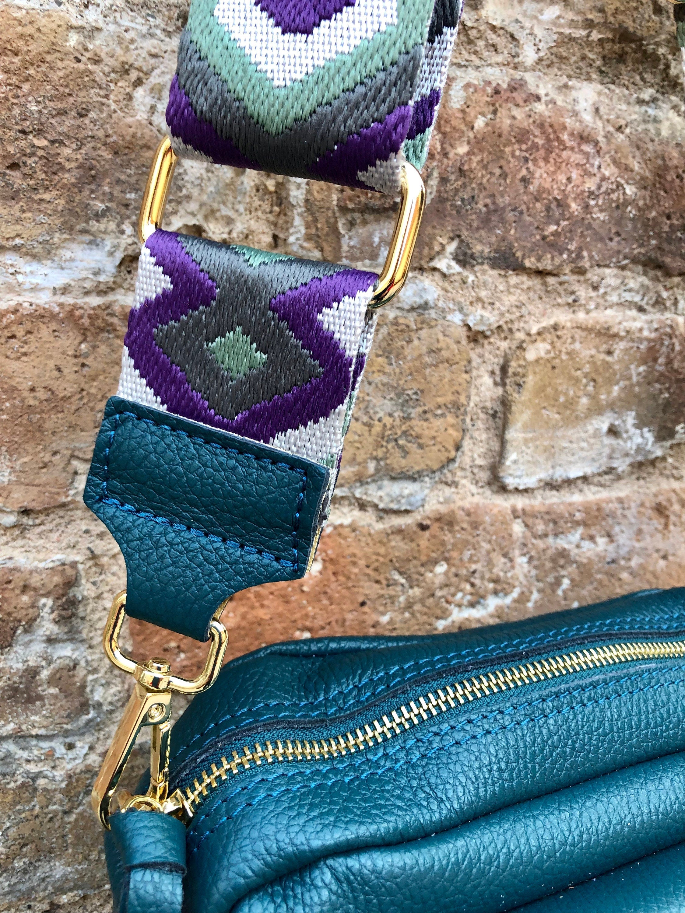 Genuine leather teal GREEN bag with 2 straps: 1 embroidered + 1 leather. GENUINE leather crossbody bag. Green leather purse
